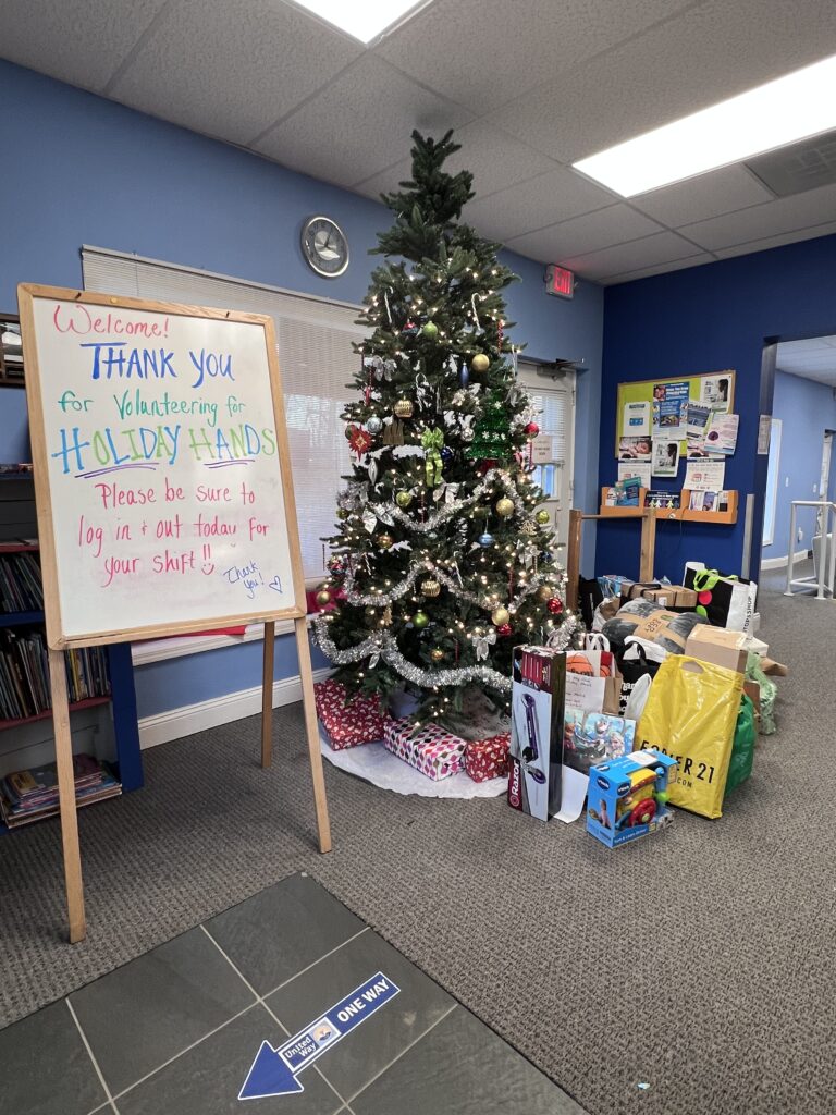 photo of tree and gifts at United Way office