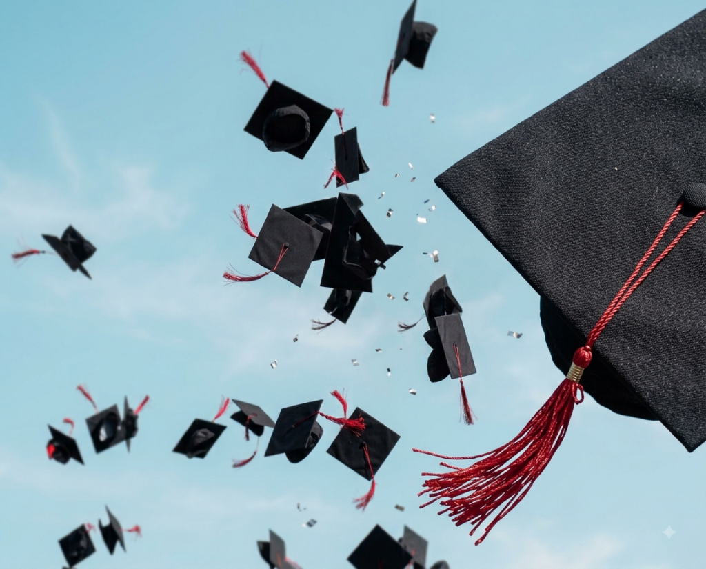Decorative graduation caps falling.